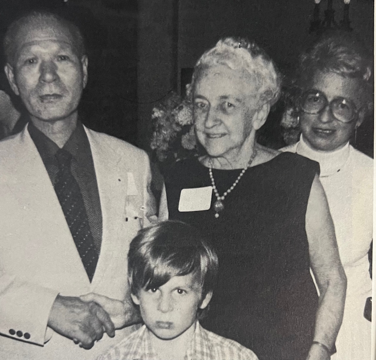 Former internees of Camp Holmes in Baguio City gathered for a reunion in San Francisco in February 1977. From left, Rokuro Tomibe, Glen Wortman (June's son), Natalie Crouter, and June Crouter Wortman. Source: Natalie Crouter's "Forbidden Diary: A Record of Wartime Internment, 1941-1945". Edited by Lynn Z. Bloom. 1980.